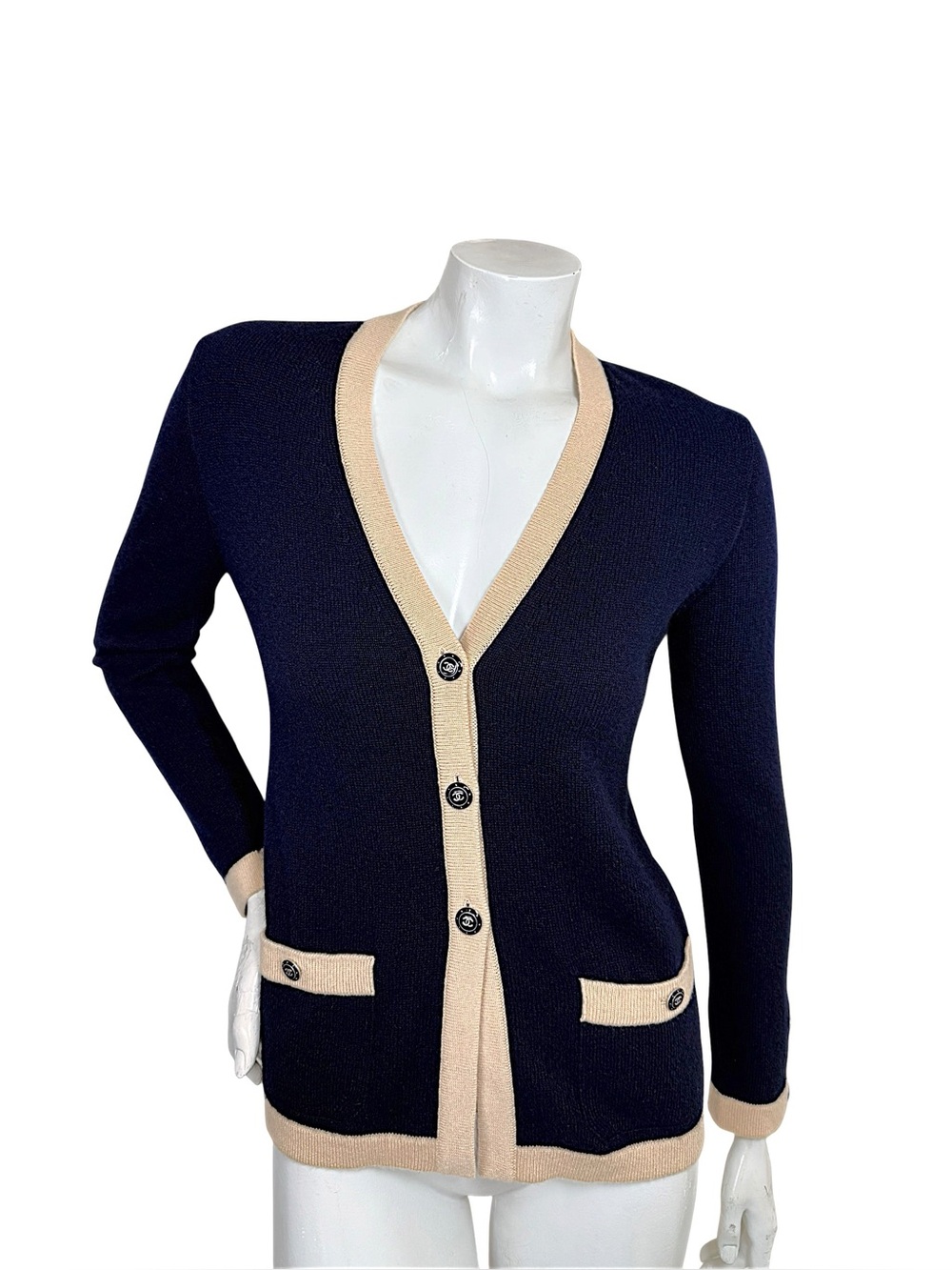 Vintage 90s Chanel Navy Ecru Cashmere CC Cardigan